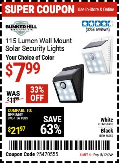 Harbor Freight Coupon BUNKER HILL SECURITY 115 LUMEN WALL-MOUNT SOLAR SECURITY LIGHT Lot No. 56252/56330 Expired: 5/12/24 - $7.99