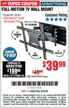Harbor Freight Coupon ARMSTRONG 37 IN. TO 80 IN. FULL-MOTION TV WALL MOUNT Lot No. 64357 Expired: 3/22/20 - $39.99