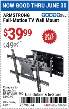 Harbor Freight Coupon ARMSTRONG 37 IN. TO 80 IN. FULL-MOTION TV WALL MOUNT Lot No. 64357 Expired: 6/30/20 - $39.99