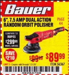 Harbor Freight Coupon BAUER 7.5 AMP, 6 IN., 20 MM LONG-THROW RANDOM ORBIT DA POLISHER Lot No. 56367 Expired: 1/31/20 - $89.99