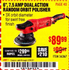 Harbor Freight Coupon BAUER 7.5 AMP, 6 IN., 20 MM LONG-THROW RANDOM ORBIT DA POLISHER Lot No. 56367 Expired: 2/29/20 - $89.99