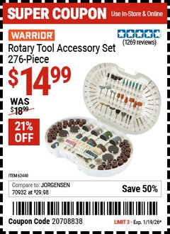 Harbor Freight Coupon WARRIOR ROTARY TOOL ACCESSORY SET, 276-PIECE Lot No. 62440 EXPIRES: 1/19/26 - $14.99