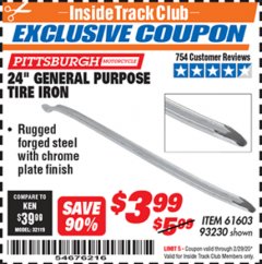 Harbor Freight ITC Coupon PITTSBURGH 24 IN. GENERAL-PURPOSE TIRE IRON Lot No. 93230 Expired: 2/29/20 - $3.99
