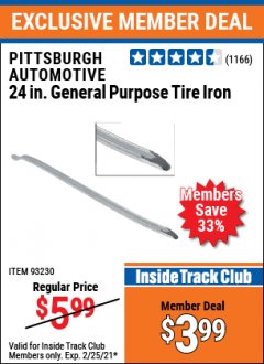 Harbor Freight ITC Coupon PITTSBURGH 24 IN. GENERAL-PURPOSE TIRE IRON Lot No. 93230 Expired: 2/25/21 - $3.99