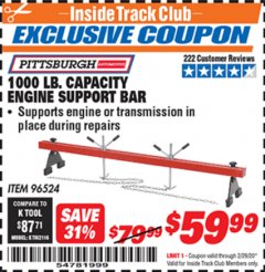 Harbor Freight ITC Coupon PITTSBURGH 1000 LB. CAPACITY ENGINE SUPPORT BAR Lot No. 96524 Expired: 2/29/20 - $59.99