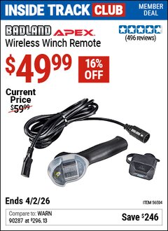 Harbor Freight ITC Coupon BADLAND APEX WIRELESS WINCH REMOTE Lot No. 56504 Dates Valid: 12/31/69 - 4/2/26 - $49.99