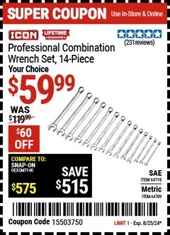 Harbor Freight Coupon ICON PROFESSIONAL COMBINATION WRENCH SET, 14 PIECE Lot No. 64709/64710 Expired: 8/25/24 - $59.99