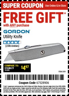 Harbor Freight FREE Coupon GORDON UTILITY KNIFE Lot No. 3359 Expired: 11/20/21 - FWP