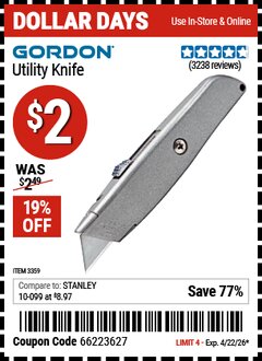 Harbor Freight Coupon GORDON UTILITY KNIFE Lot No. 3359 Expired: 4/22/26 - $2
