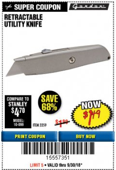 Harbor Freight Coupon GORDON UTILITY KNIFE Lot No. 3359 Expired: 9/30/18 - $1.49