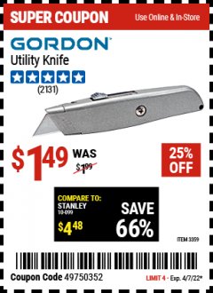 Harbor Freight Coupon GORDON UTILITY KNIFE Lot No. 3359 Expired: 4/7/22 - $1.49