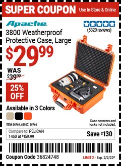 Harbor Freight Coupon APACHE 3800 WEATHERPROOF PROTECTIVE CASE, LARGE Lot No. 56766/56769/63927 Expired: 2/2/25 - $29.99