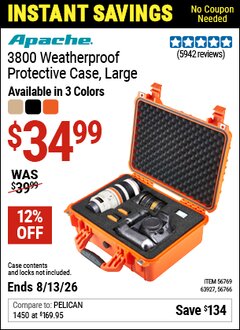 Harbor Freight Coupon APACHE 3800 WEATHERPROOF PROTECTIVE CASE, LARGE Lot No. 56766/56769/63927 Expired: 8/13/26 - $34.99