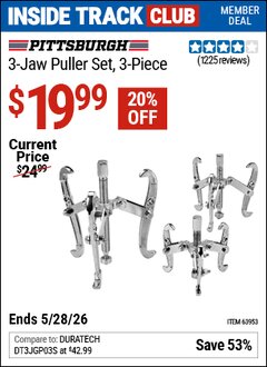 Harbor Freight Coupon PITTSBURGH 3-JAW PULLER SET, 3-PIECE Lot No. 63953 Valid: 12/31/69 - 5/28/26 - $19.99