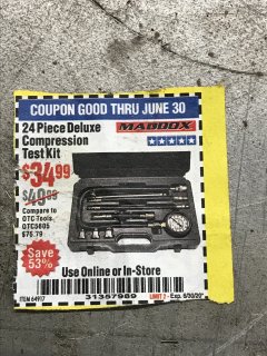 Harbor Freight Coupon MADDOX DELUXE COMPRESSION TEST KIT, 10-PIECE Lot No. 64917 Expired: 6/30/20 - $34.99