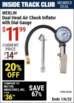 Harbor Freight ITC Coupon MERLIN DUAL-HEAD AIR CHUCK INFLATOR WITH DIAL GAUGE Lot No. 63544 Expired: 1/6/22 - $11.99