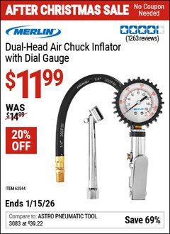 Harbor Freight Coupon MERLIN DUAL-HEAD AIR CHUCK INFLATOR WITH DIAL GAUGE Lot No. 63544 Expired: 1/15/26 - $11.99