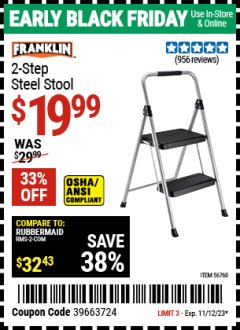 Harbor Freight ITC Coupon FRANKLIN 2-STEP STEEL STOOL Lot No. 56760 Expired: 11/12/23 - $19.99