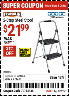 Harbor Freight Coupon FRANKLIN 2-STEP STEEL STOOL Lot No. 56760 Valid Thru: 9/27/26 - $21.99