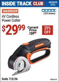 Harbor Freight ITC Coupon WARRIOR 4V CORDLESS POWER CUTTER Lot No. 56192 Dates Valid: 12/31/69 - 7/2/26 - $29.99