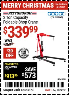 Harbor Freight Coupon PITTSBURGH 2 TON CAPACITY FOLDABLE SHOP CRANE Lot No. 58755 Expired: 12/24/23 - $339.99