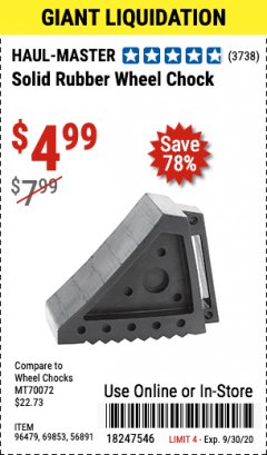 Harbor Freight Coupon HAUL-MASTER SOLID RUBBER WHEEL CHOCK Lot No. 69326/69853/56891/96479 Expired: 9/30/20 - $4.99