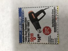 Harbor Freight Coupon WARRIOR 1500 WATT, 11 AMP DUAL-TEMPERATURE HEAT GUN Lot No. 56434/56433 Expired: 10/11/20 - $8.99