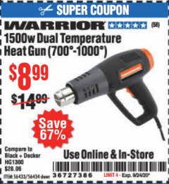 Harbor Freight Coupon WARRIOR 1500 WATT, 11 AMP DUAL-TEMPERATURE HEAT GUN Lot No. 56434/56433 Expired: 9/24/20 - $8.99