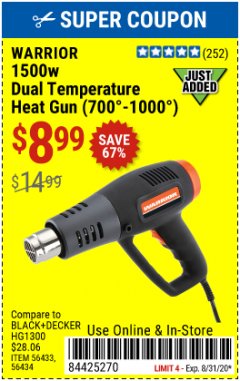 Harbor Freight Coupon WARRIOR 1500 WATT, 11 AMP DUAL-TEMPERATURE HEAT GUN Lot No. 56434/56433 Expired: 8/31/20 - $8.99