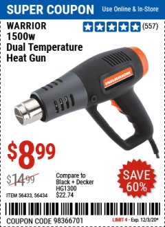 Harbor Freight Coupon WARRIOR 1500 WATT, 11 AMP DUAL-TEMPERATURE HEAT GUN Lot No. 56434/56433 Expired: 12/3/20 - $8.99
