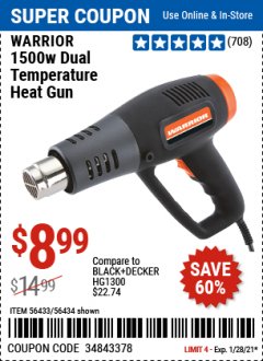 Harbor Freight Coupon WARRIOR 1500 WATT, 11 AMP DUAL-TEMPERATURE HEAT GUN Lot No. 56434/56433 Expired: 1/28/21 - $8.99