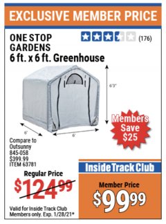 Harbor Freight ITC Coupon ONE STOP GARDENS 6 FT. X 6 FT. GREENHOUSE Lot No. 63781 Expired: 1/28/21 - $99.99