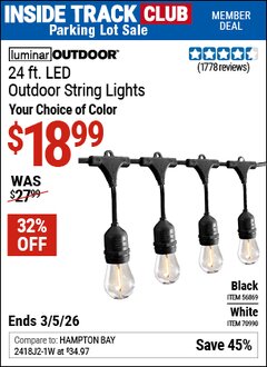 Harbor Freight ITC Coupon LUMINAR OUTDOOR 24 FT. LED OUTDOOR STRING LIGHTS Lot No. 56869/70990 Expired: 3/5/26 - $18.99