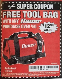 Harbor Freight FREE Coupon BAUER 16 IN. TOOL BAG WITH 6 POCKETS Lot No. 57487 Expired: 1/29/21 - FWP