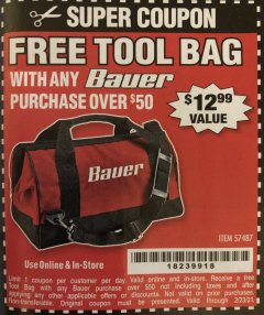 Harbor Freight FREE Coupon BAUER 16 IN. TOOL BAG WITH 6 POCKETS Lot No. 57487 Expired: 2/23/21 - FWP