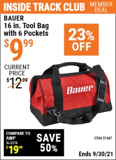 Harbor Freight ITC Coupon BAUER 16 IN. TOOL BAG WITH 6 POCKETS Lot No. 57487 Expired: 9/30/21 - $9.99