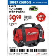 Harbor Freight Coupon BAUER 16 IN. TOOL BAG WITH 6 POCKETS Lot No. 57487 Expired: 1/29/21 - $9.99