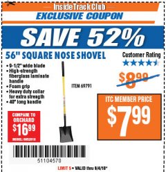 Harbor Freight ITC Coupon ONE STOP GARDENS 56 IN. SQUARE NOSE SHOVEL Lot No. 69791 Expired: 9/4/18 - $7.99