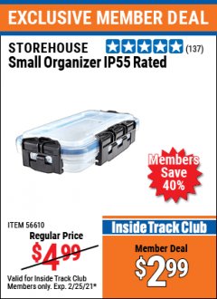 Harbor Freight ITC Coupon STOREHOUSE SMALL WATER-RESISTANT STORAGE CONTAINER Lot No. 56610 Expired: 2/25/21 - $2.99