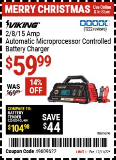 Harbor Freight Coupon VIKING 2/8/15 AMP AUTOMATIC MICROPROCESSOR-CONTROLLED BATTERY CHARGER Lot No. 56796 Expired: 12/11/22 - $59.99