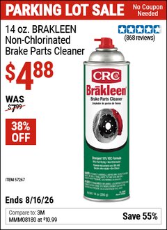 Harbor Freight Coupon CRC 14 OZ. BRAKLEEN NON-CHLORINATED BRAKE PARTS CLEANER Lot No. 57267 Expired: 8/16/26 - $4.88
