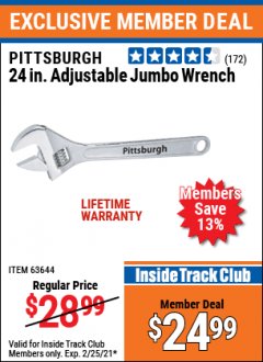 Harbor Freight ITC Coupon PITTSBURGH 24 IN. ADJUSTABLE WRENCH Lot No. 63644 Expired: 2/25/21 - $24.99