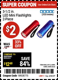 Harbor Freight Coupon 3-1/2 IN. LED MINI FLASHLIGHTS, 2-PACK Lot No. 63600/63876 Expired: 4/30/23 - $2