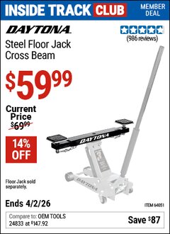 Harbor Freight ITC Coupon DAYTONA STEEL FLOOR JACK CROSS BEAM Lot No. 64051 Dates Valid: 12/31/69 - 4/2/26 - $59.99