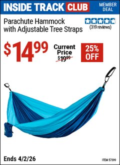 Harbor Freight ITC Coupon PARACHUTE HAMMOCK WITH ADJUSTABLE TREE STRAPS Lot No. 57399 Dates Valid: 12/31/69 - 4/2/26 - $14.99