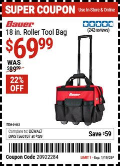 Harbor Freight Coupon BAUER 18 IN. ROLLER TOOL BAG Lot No. 64663 EXPIRES: 1/19/26 - $69.99