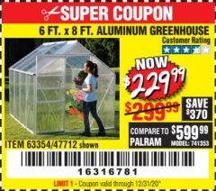 Harbor Freight Coupon ONE STOP GARDENS 6 FT. X 8 FT. GREENHOUSE Lot No. 47712/63354 Expired: 12/31/20 - $229.99