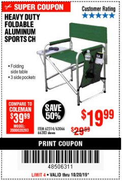 Harbor Freight Coupon FOLDABLE ALUMINUM SPORTS CHAIR Lot No. 62314/56719 Expired: 10/20/19 - $19.99