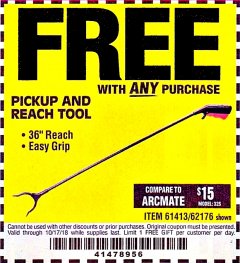 Harbor Freight FREE Coupon 36 IN. PICKUP AND REACH TOOL Lot No. 61413 Expired: 10/17/18 - FWP