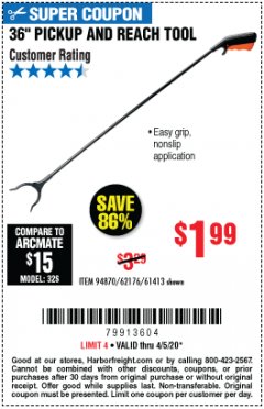 Harbor Freight Coupon 36 IN. PICKUP AND REACH TOOL Lot No. 61413 Expired: 6/30/20 - $1.99